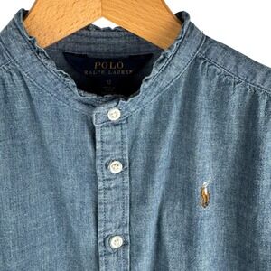 Polo Ralph Lauren Chambray Denim Dress Girls 12 Ruffle Collar Tiered Puff Sleeve